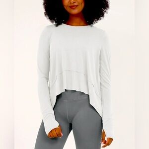 Ododos White Long Sleeve Soft Modal Top Pullover Thumb Holes Yoga Gym Crop Large
